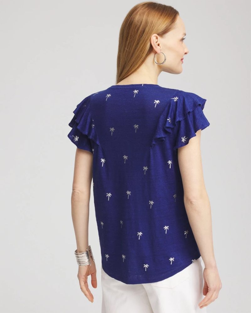 Chicos Foiled Flutter-Sleeve Linen Tee - BLUE CASA