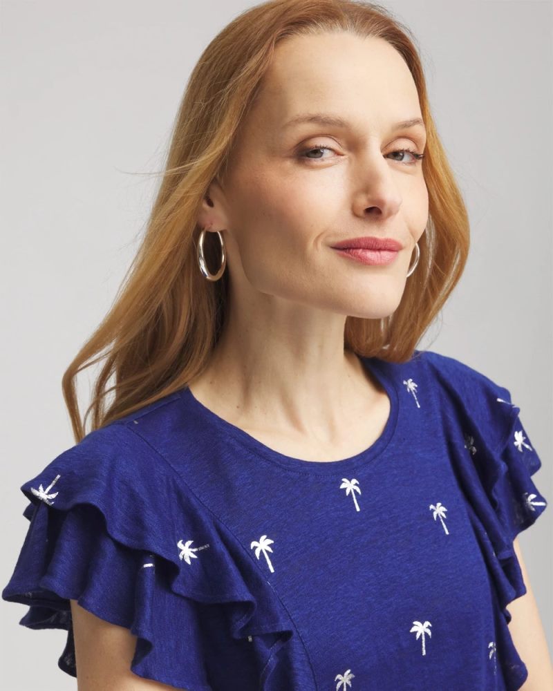 Chicos Foiled Flutter-Sleeve Linen Tee - BLUE CASA