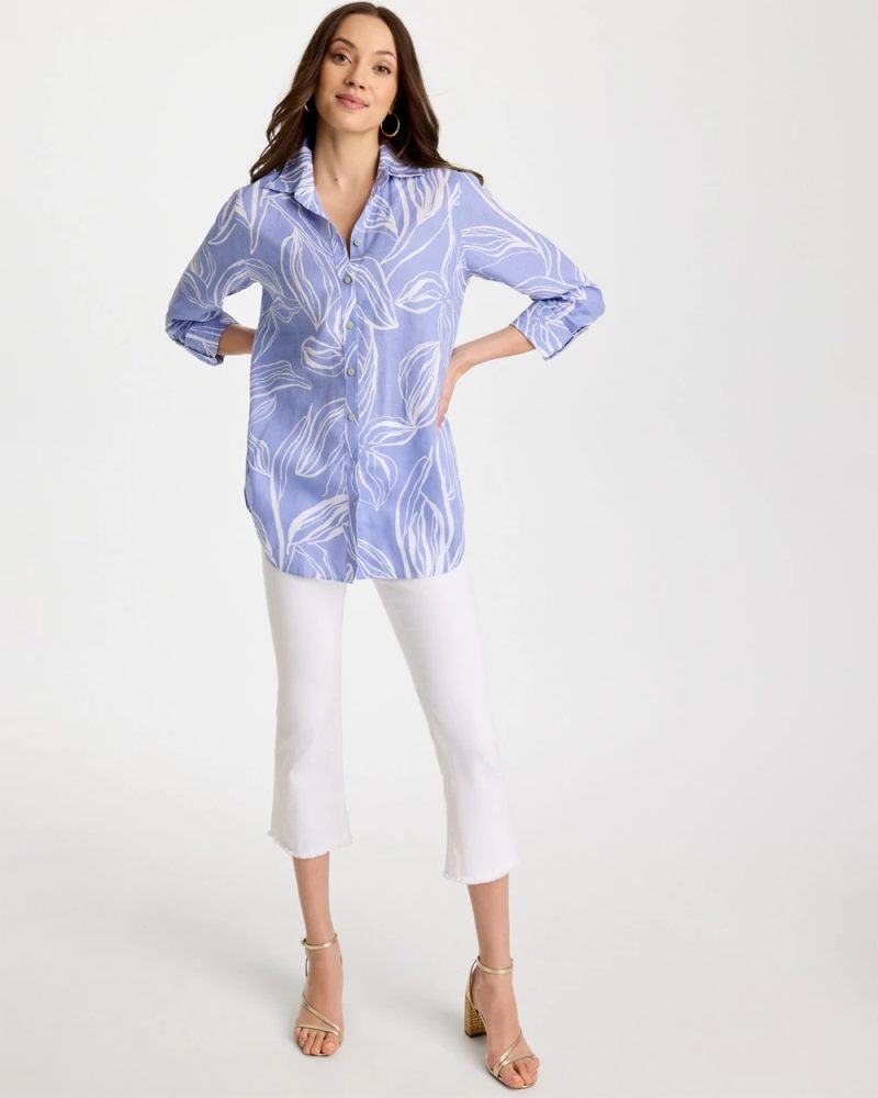Chicos No Iron Printed Linen Tunic - BLUE ORCHID