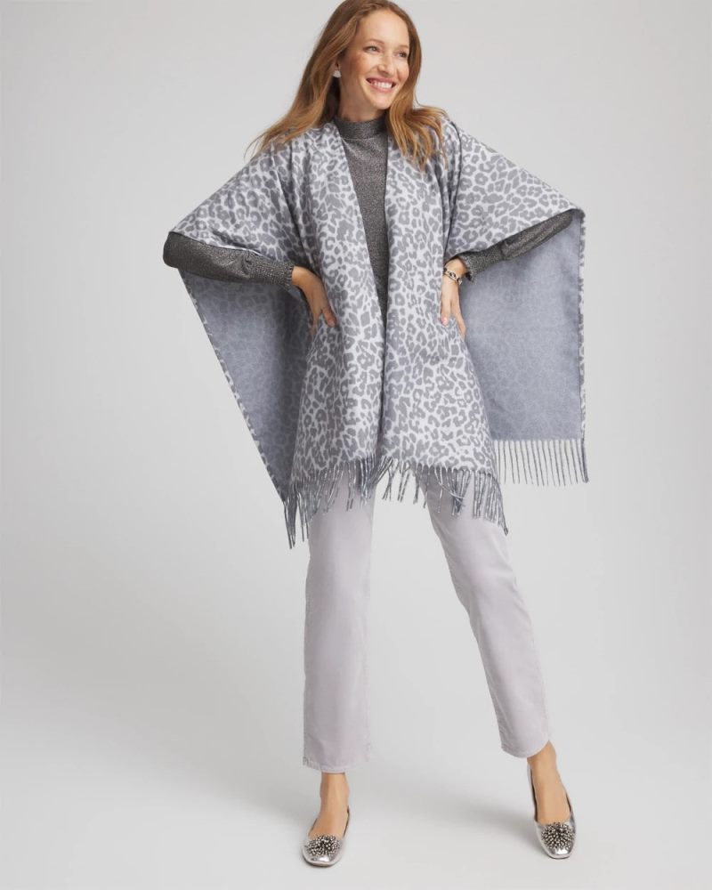 Chicos Reversible Animal Print Fringe Ruana - STORM CLOUD
