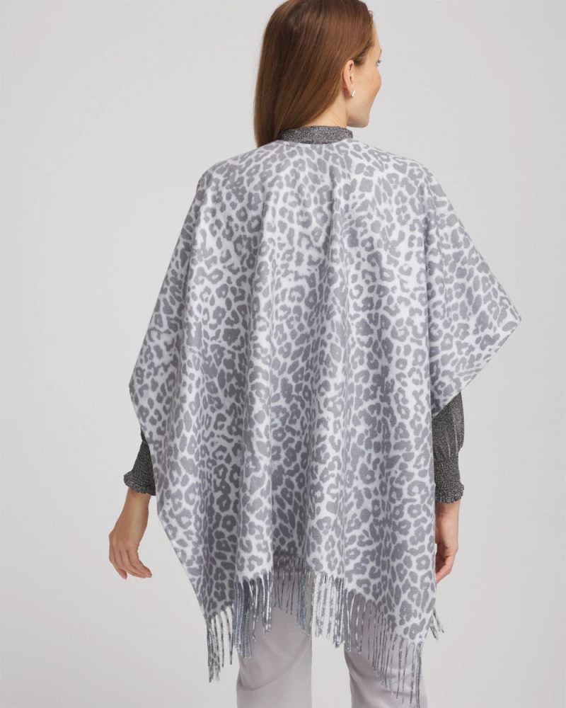 Chicos Reversible Animal Print Fringe Ruana - STORM CLOUD