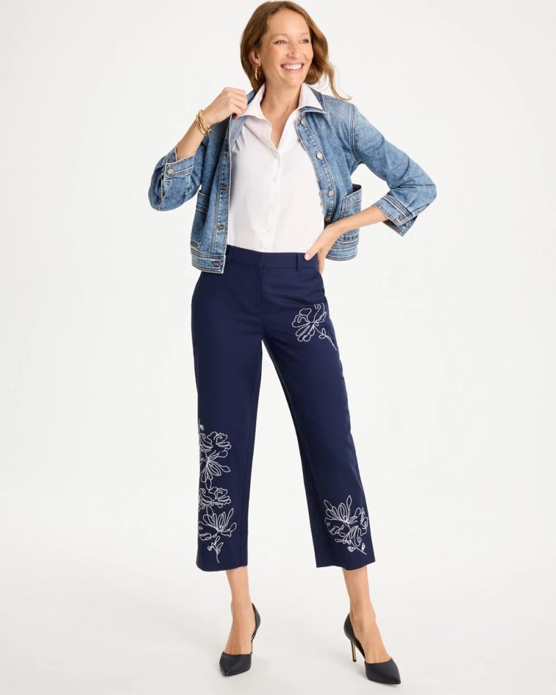 Chicos Embroidered Linen Fly Front Pants - PASSPORT BLUE