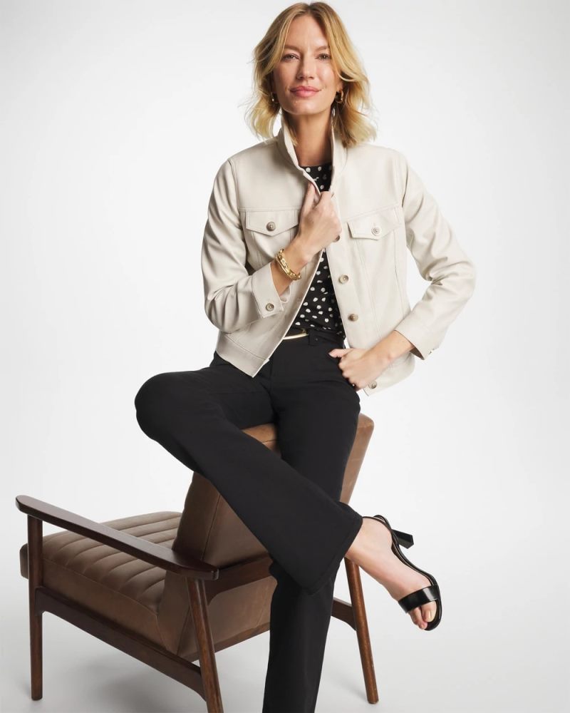 Chicos Faux Leather Trucker Jacket - WHITE TRUFFLE