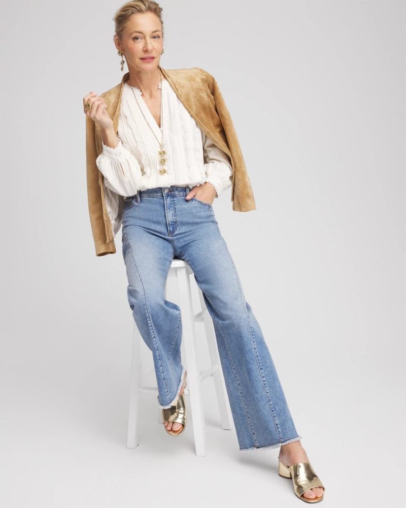 Chicos Split-neck Lace Trim Blouse - ECRU