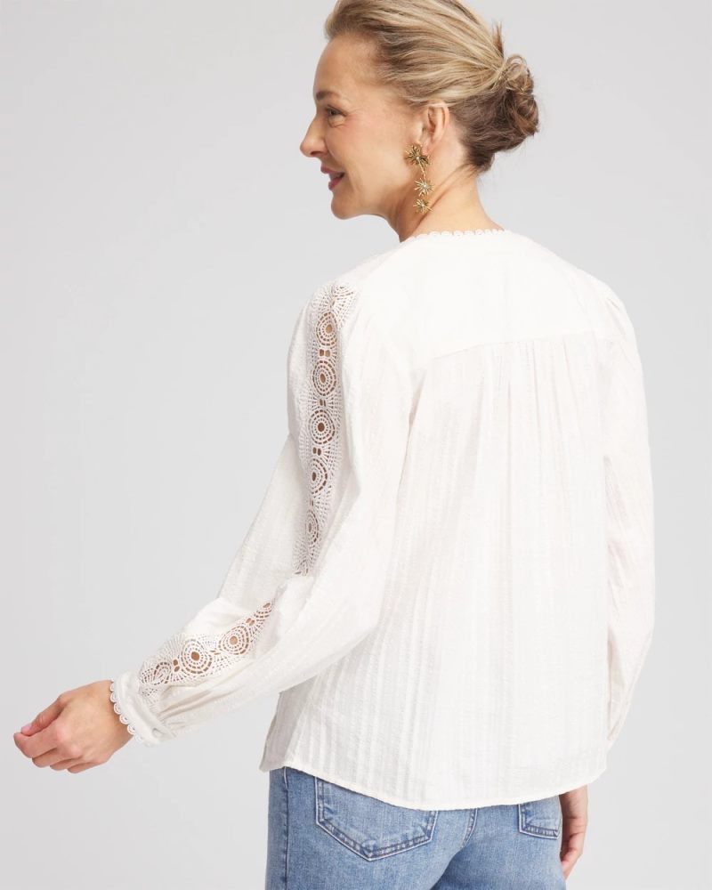 Chicos Split-neck Lace Trim Blouse - ECRU