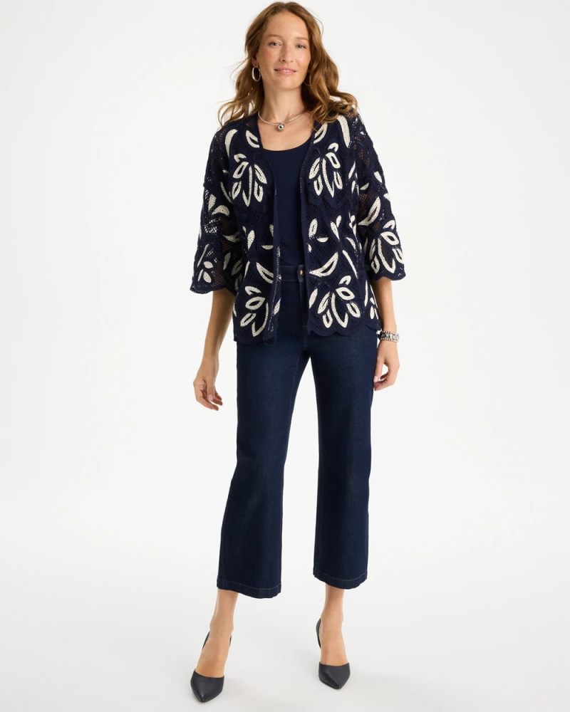 Chicos Woven Crochet Lace Contrast Kimono - PASSPORT BLUE