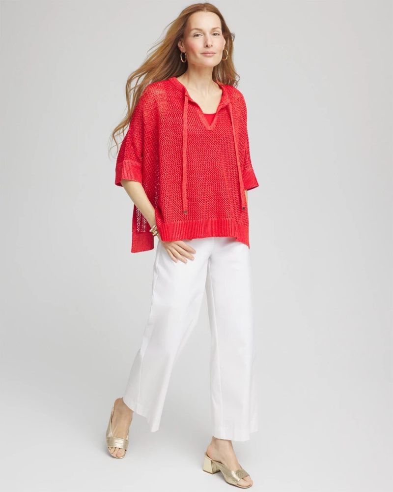 Chicos Sequin Open Knit Poncho - RED GLOW