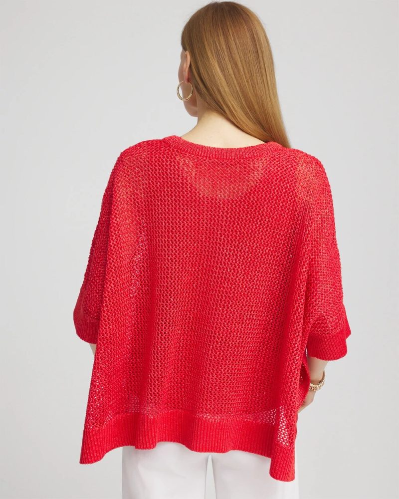 Chicos Sequin Open Knit Poncho - RED GLOW