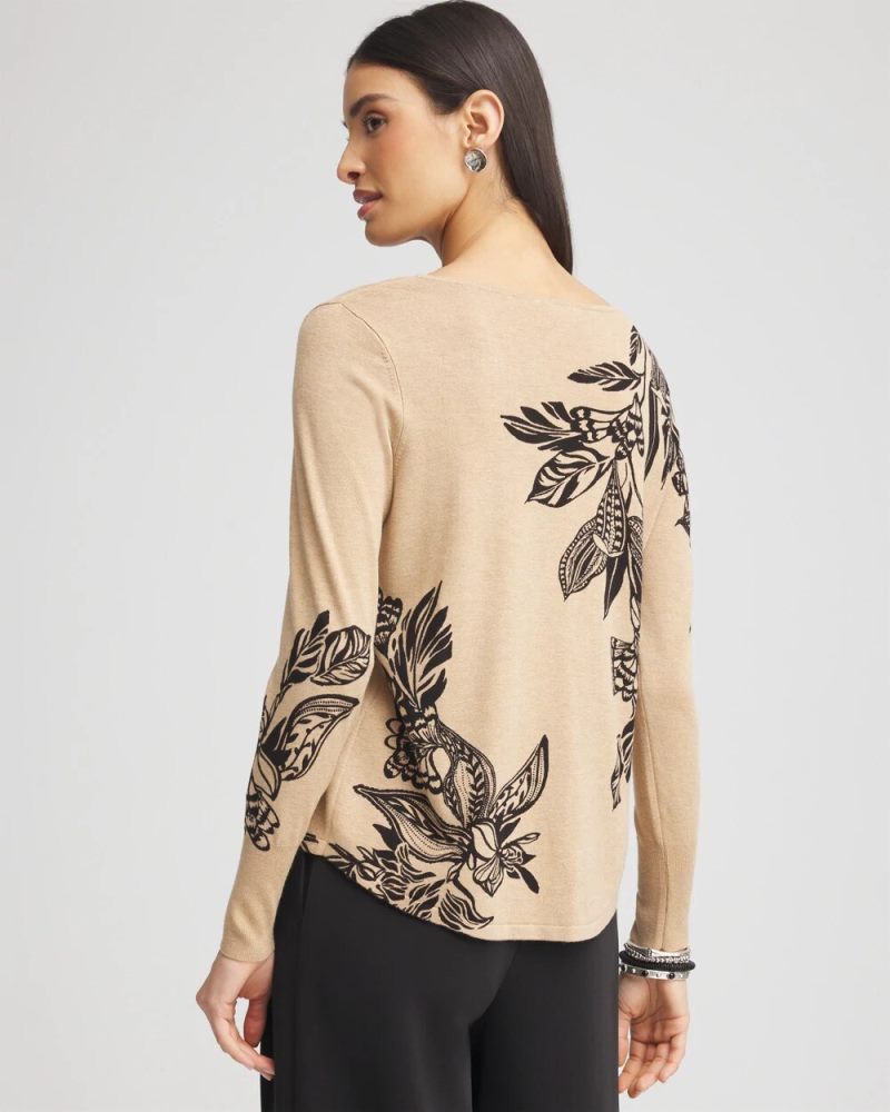 Chicos Floral Long Sleeve V-Neck Pullover Sweater - WILD TRUFFLE