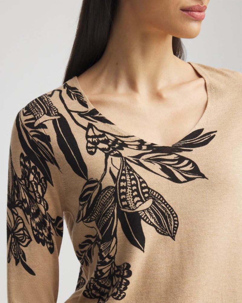 Chicos Floral Long Sleeve V-Neck Pullover Sweater - WILD TRUFFLE