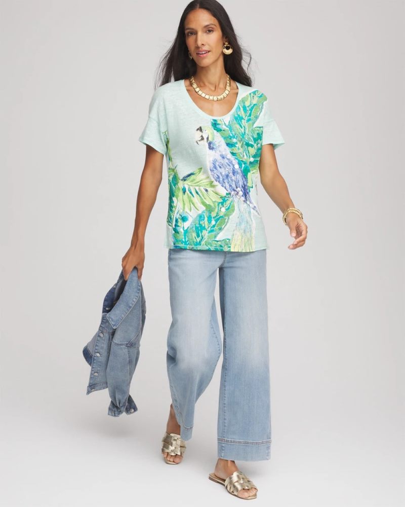 Chicos Linen Embellished Parrot Easy Tee - TEAL WATERS