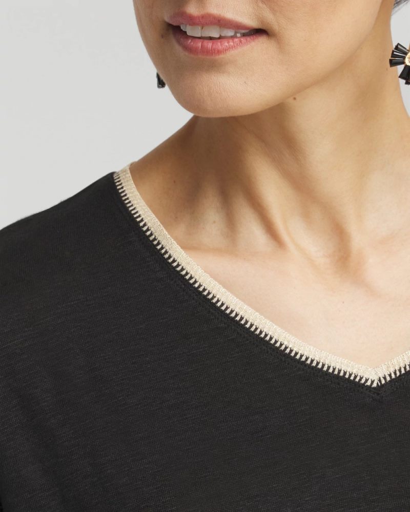 Chicos Sweater Trim Linen Tee - BLACK