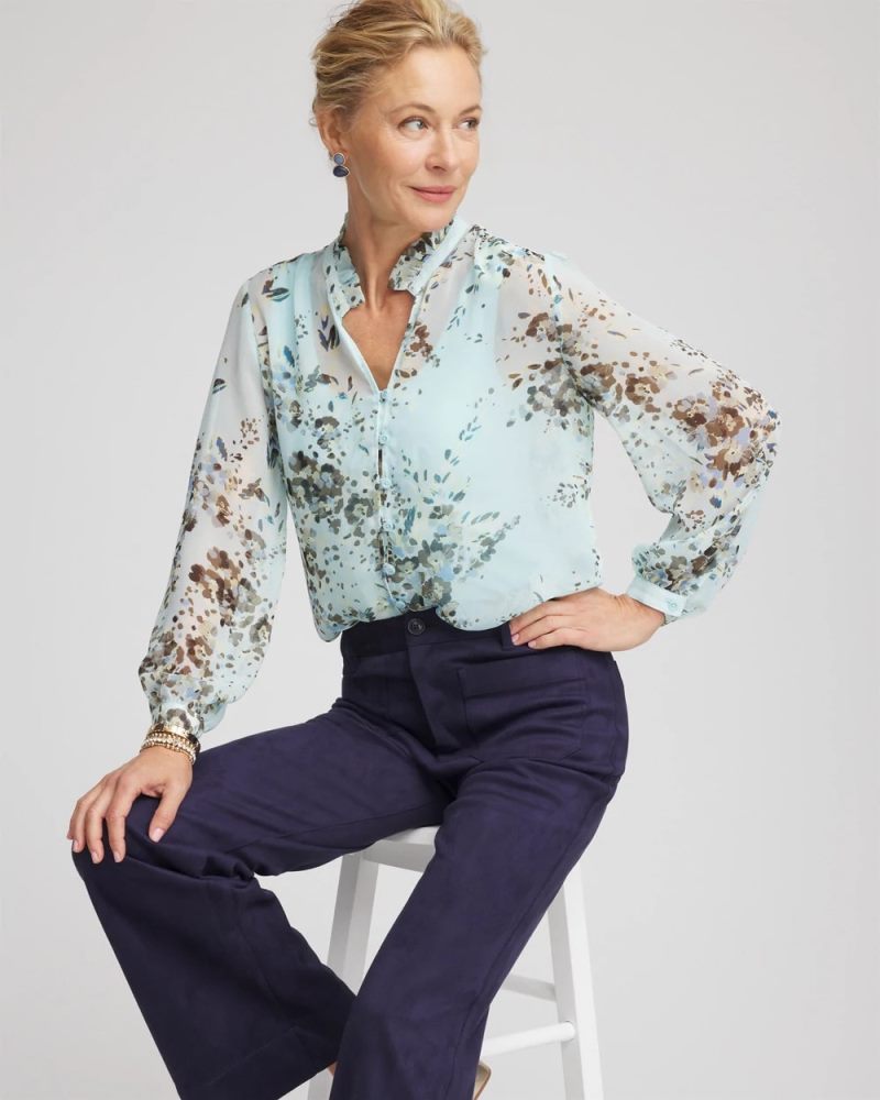 Chicos Floral Georgette Peasant Blouse - BLUE MENTHE
