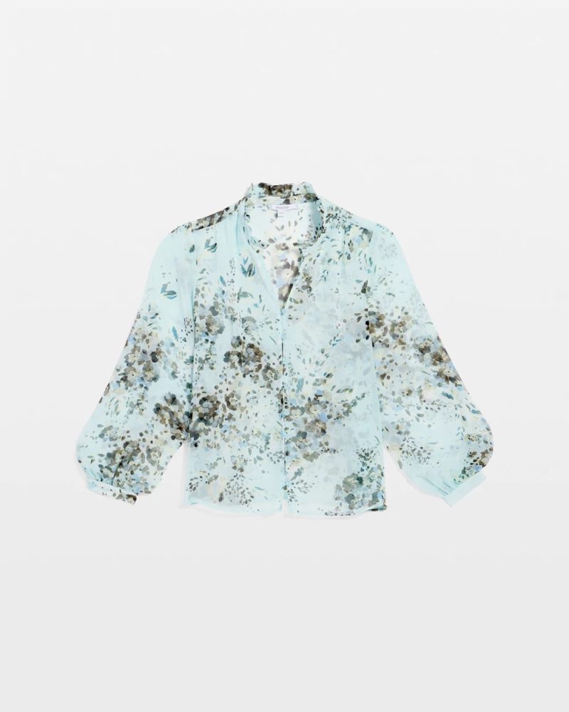 Chicos Floral Georgette Peasant Blouse - BLUE MENTHE