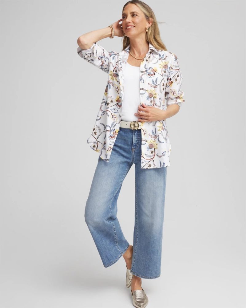 Chicos No Iron Long-Sleeved Floral Shirt - OPTIC WHITE