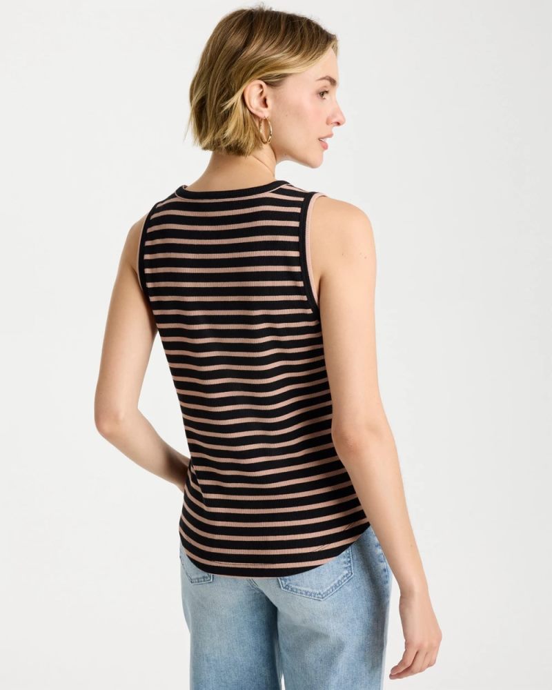 Chicos Striped High Neck Rib Tank - MOCHA MOUSSE