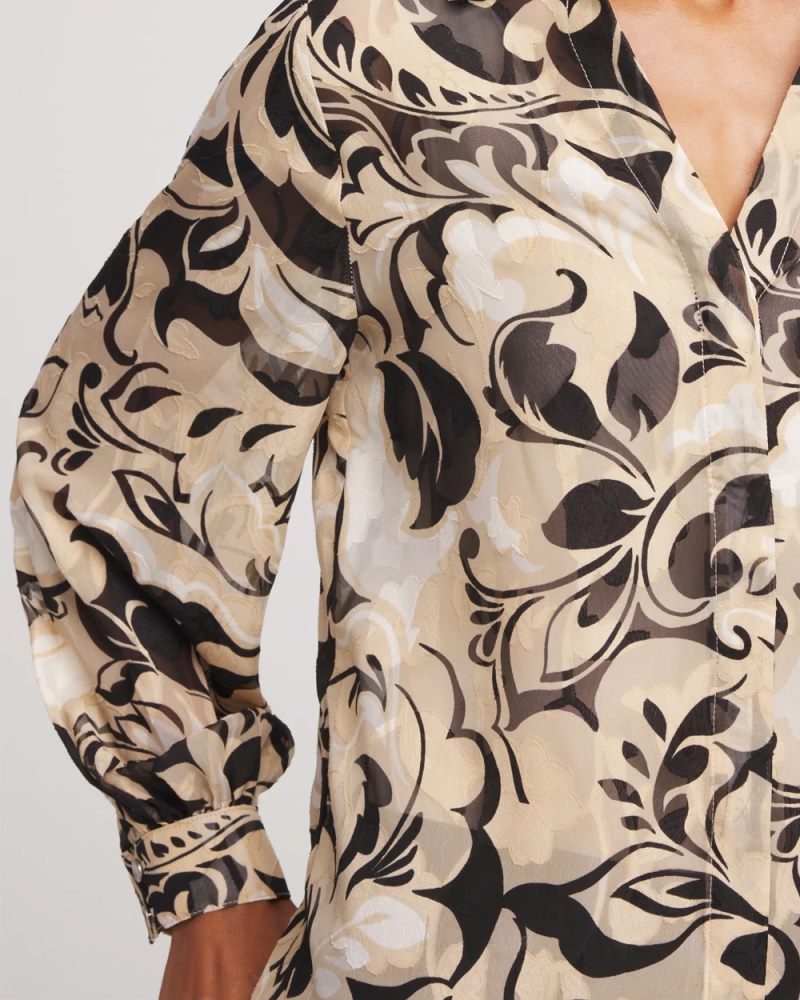 Chicos Floral Burnout Blouson-Sleeve Blouse - BLACK