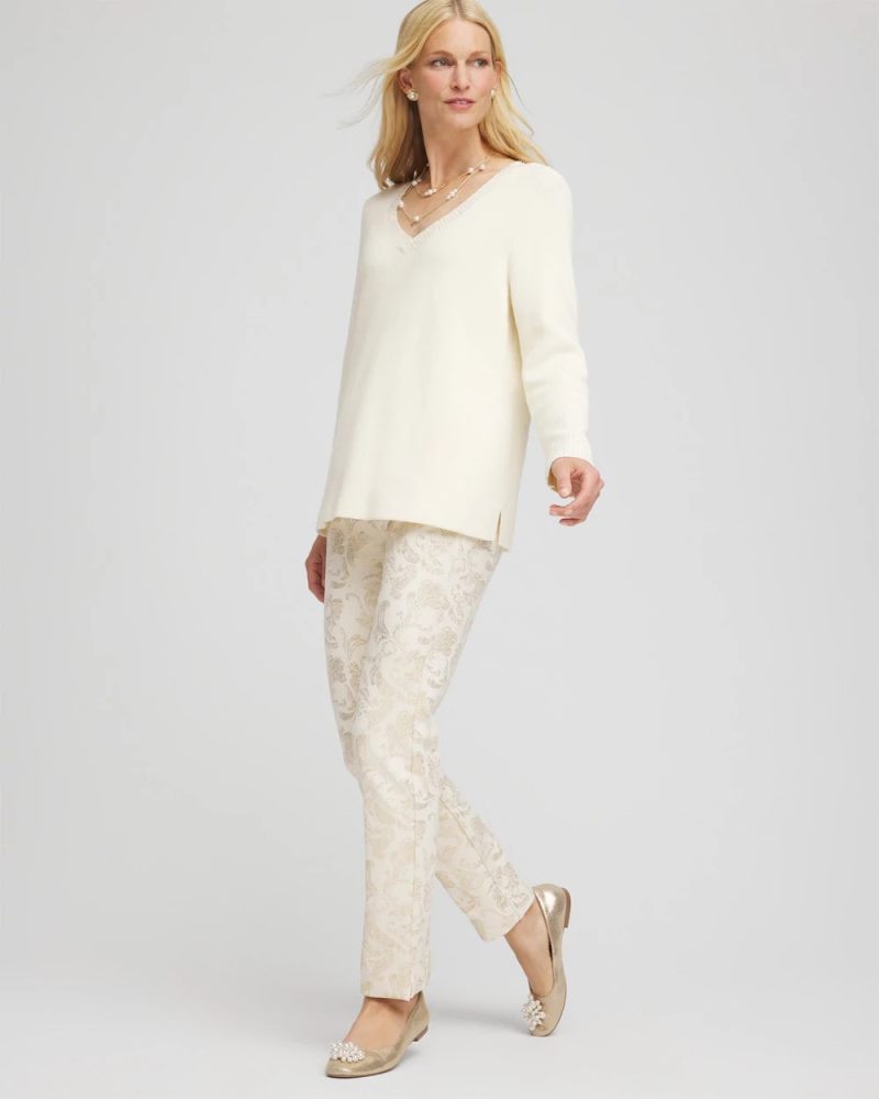 Chicos Embellished V-Neck Pullover Sweater - ENGLISH CREAM