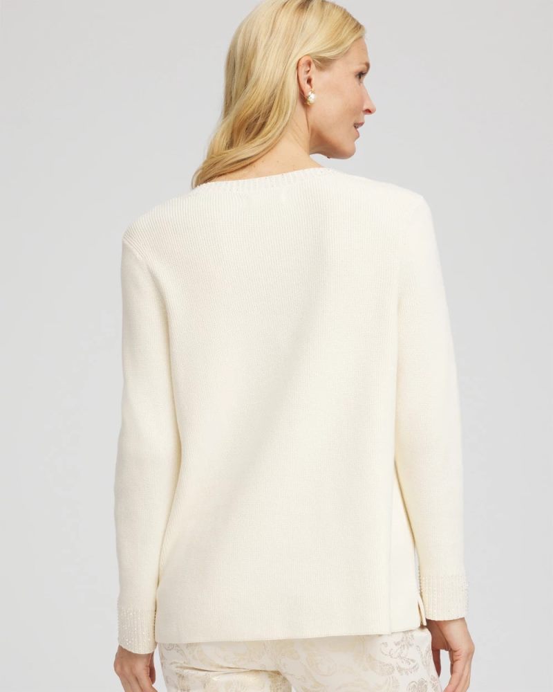 Chicos Embellished V-Neck Pullover Sweater - ENGLISH CREAM