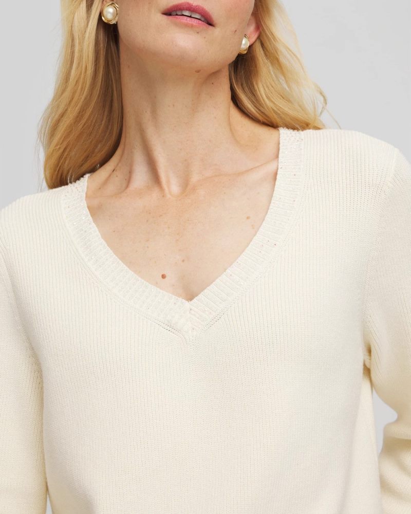 Chicos Embellished V-Neck Pullover Sweater - ENGLISH CREAM