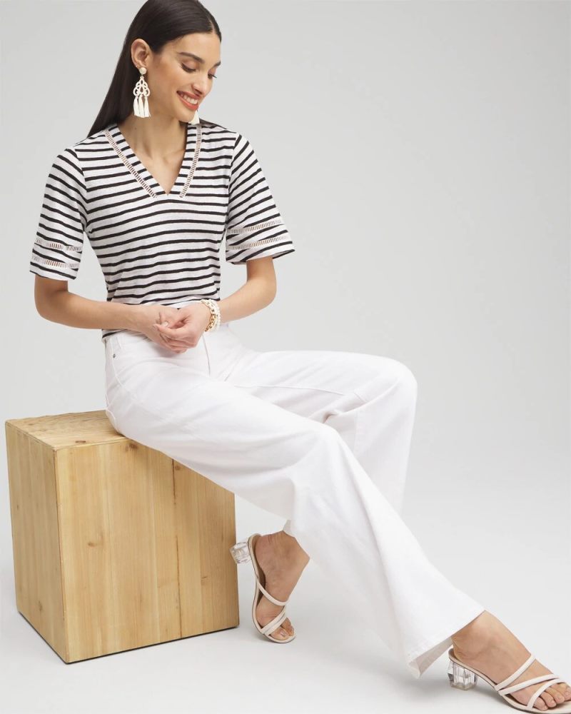 Chicos Linen Stripe Ladder Lace Tee - ALABASTER