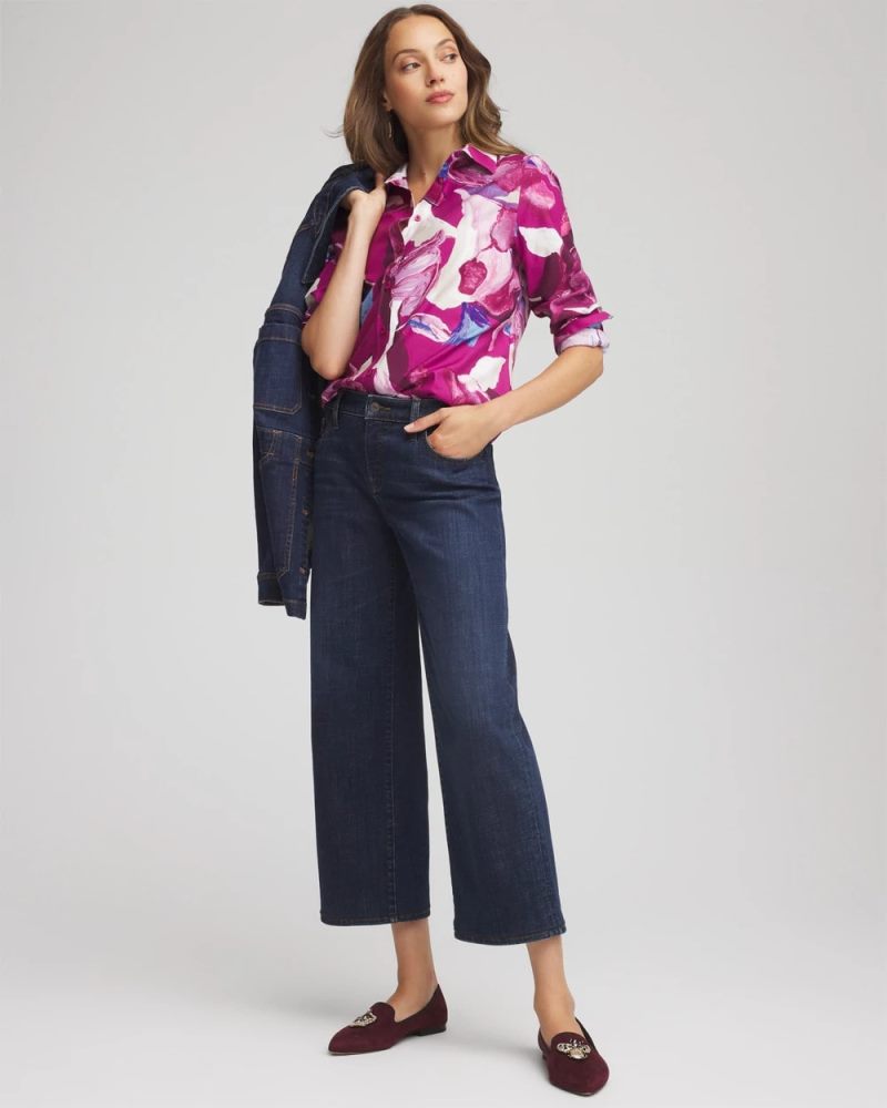 Chicos No Iron Floral-Paint-Print Shirt - COBALT STONE