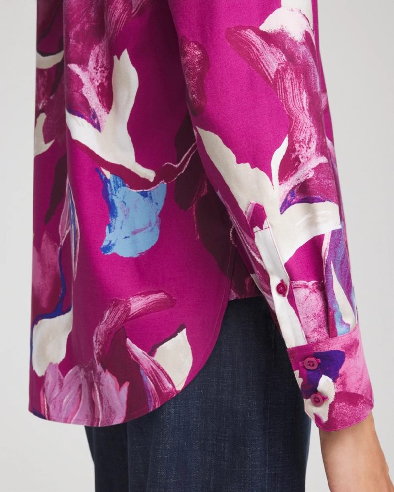 Chicos No Iron Floral-Paint-Print Shirt - COBALT STONE