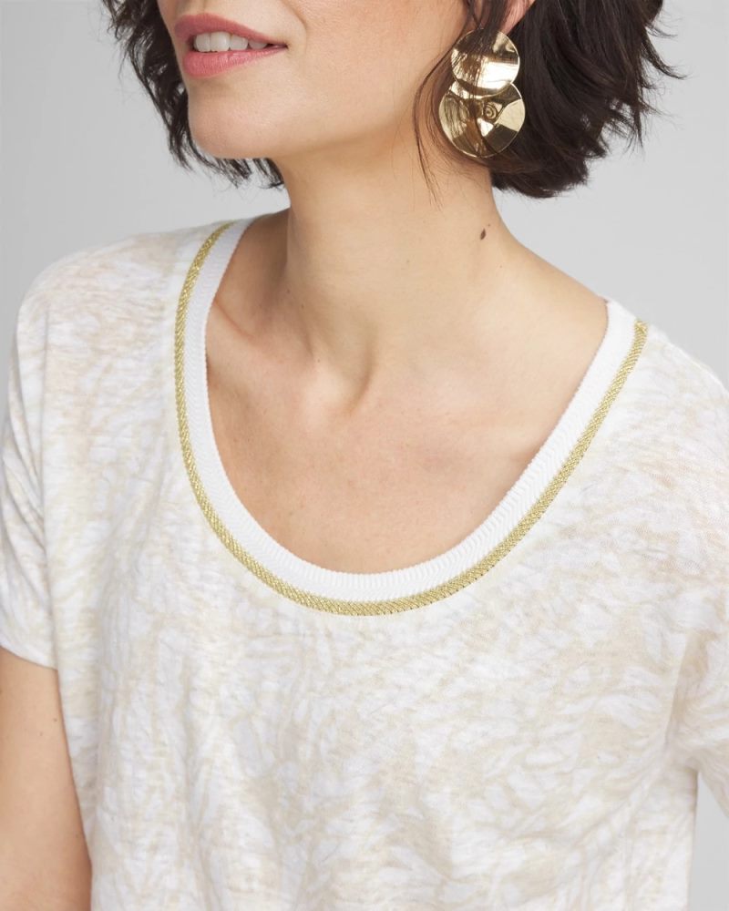 Chicos Printed Sweater Trim Linen Tee - RIVER ROCK