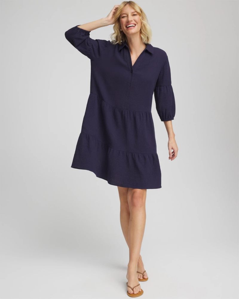 Chicos Woven Tiered Swim Cover-Up Dress - PASSPORT BLUE