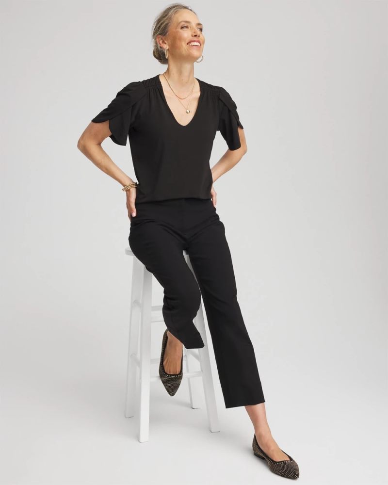 Chicos Petal-Sleeve Voop Neck Tee - BLACK
