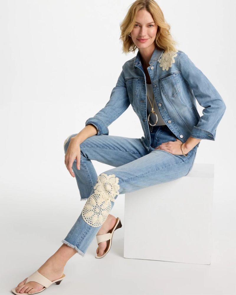 Chicos Embroidered Frayed Denim Trucker Jacket - CORAL REEF INDIGO