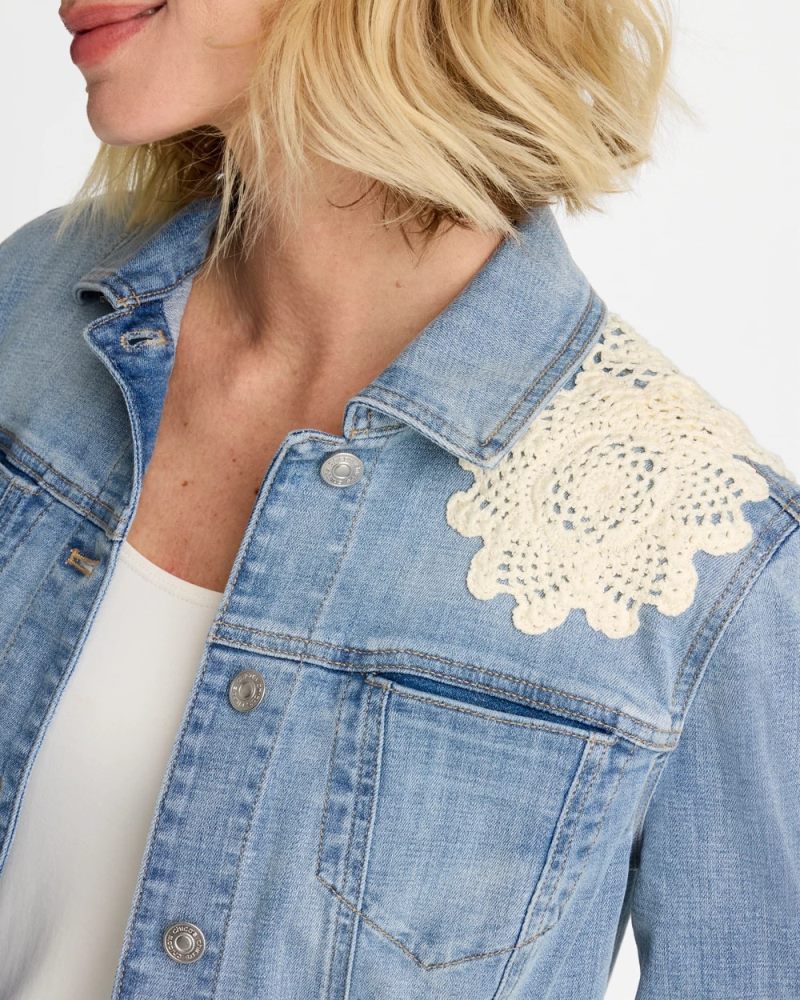 Chicos Embroidered Frayed Denim Trucker Jacket - CORAL REEF INDIGO