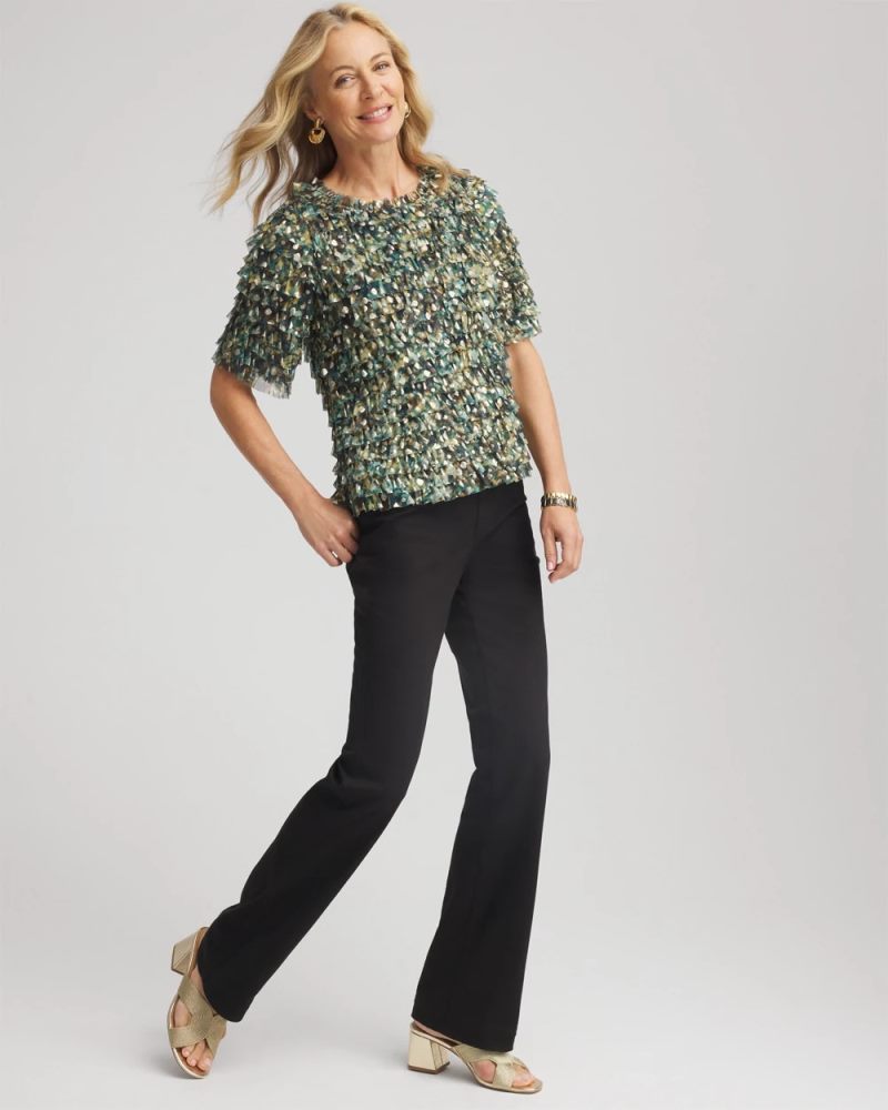 Chicos Foiled Mesh Ruffle Crop Tee - DARKEST SPRUCE