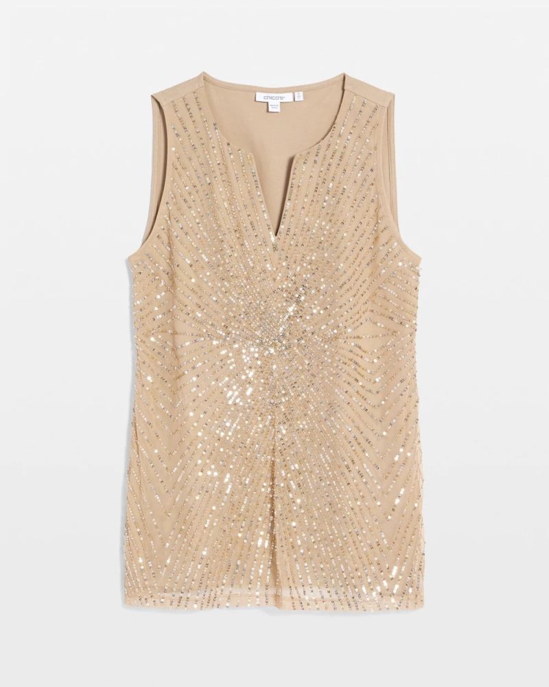 Chicos Sequin Beaded Notch Neck Tank - CHAMPAGNE FIZZ