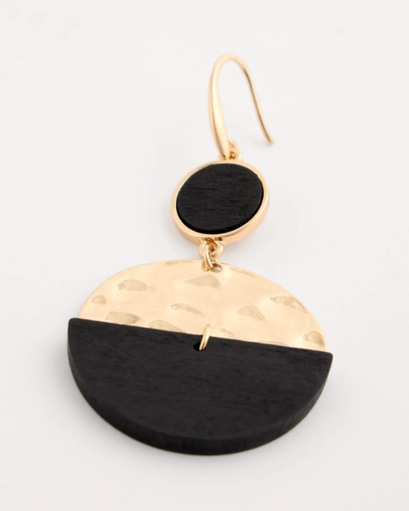 Chicos Wood Rounded Drop Earrings - BLACK/GOLD