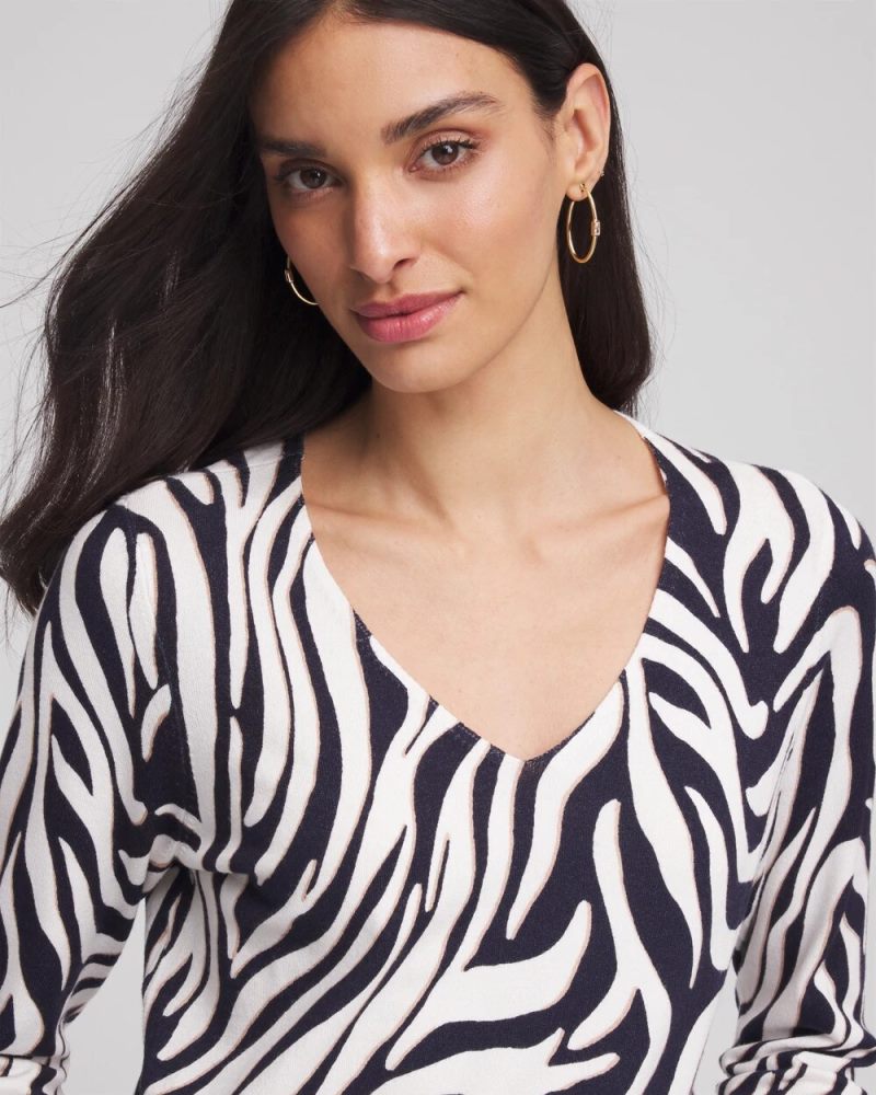 Chicos Ella Zebra V-Neck Pullover Sweater - PASSPORT BLUE