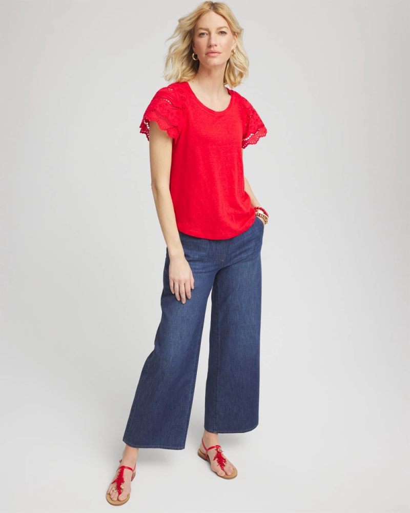 Chicos Linen Embroidered Lace Tee - RED GLOW