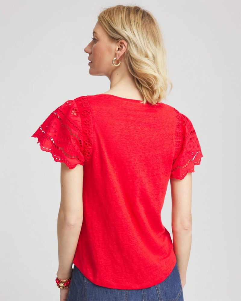 Chicos Linen Embroidered Lace Tee - RED GLOW