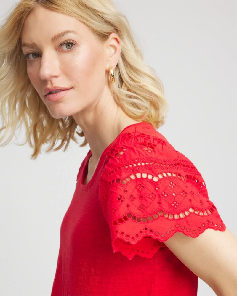 Chicos Linen Embroidered Lace Tee - RED GLOW