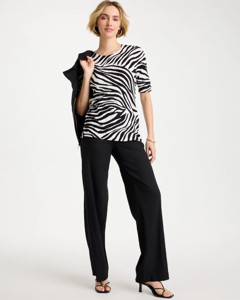 Chicos Ella Zebra Crewneck Pullover Sweater - BLACK