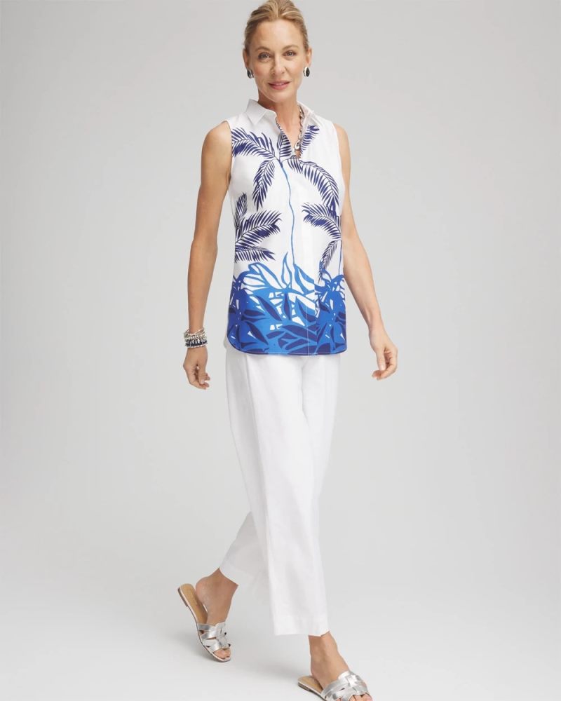 Chicos No Iron Palms Sleeveless Sateen Shirt - BLUE CASA