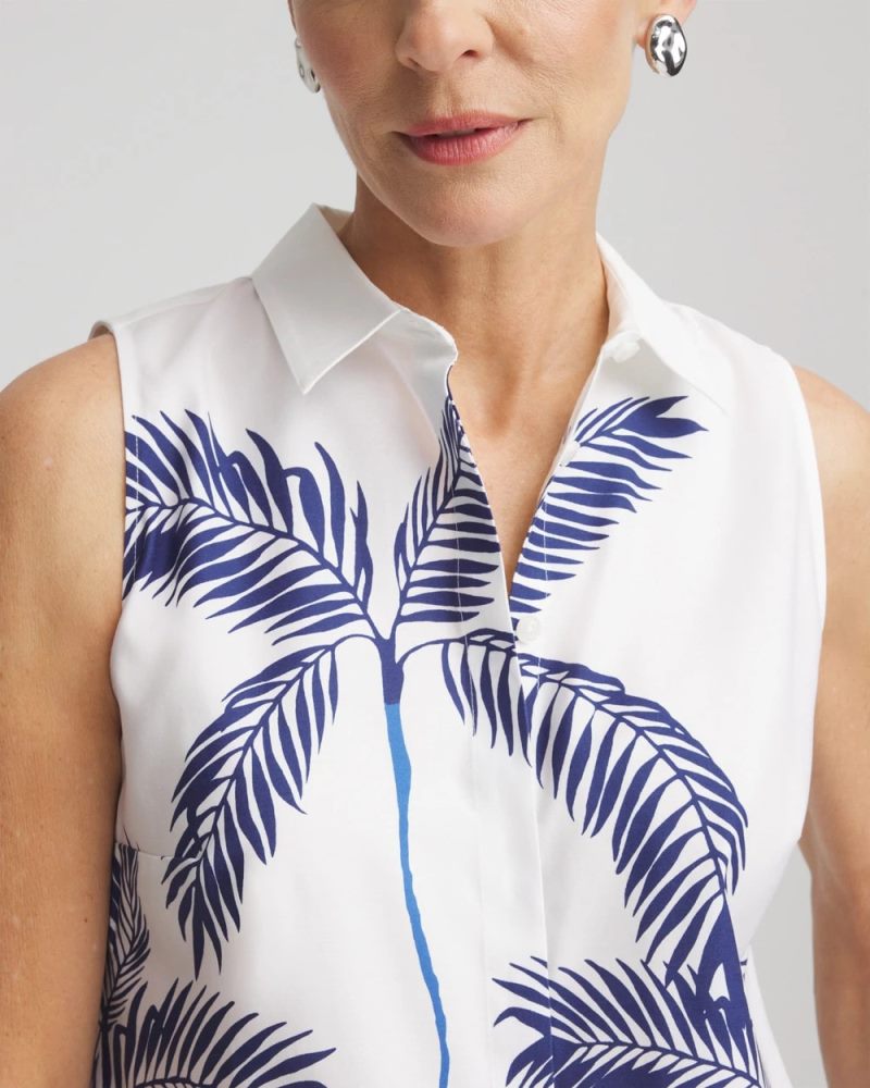 Chicos No Iron Palms Sleeveless Sateen Shirt - BLUE CASA