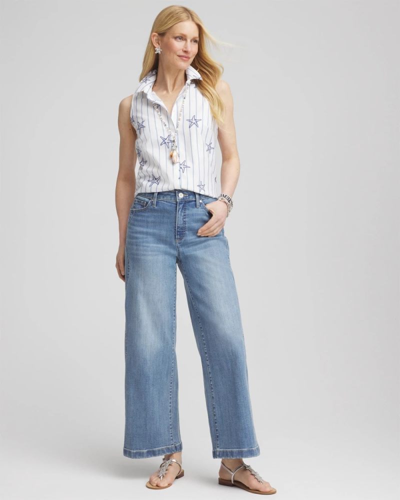 Chicos No Iron Starfish Striped Sleeveless Sateen Shirt - OPTIC WHITE
