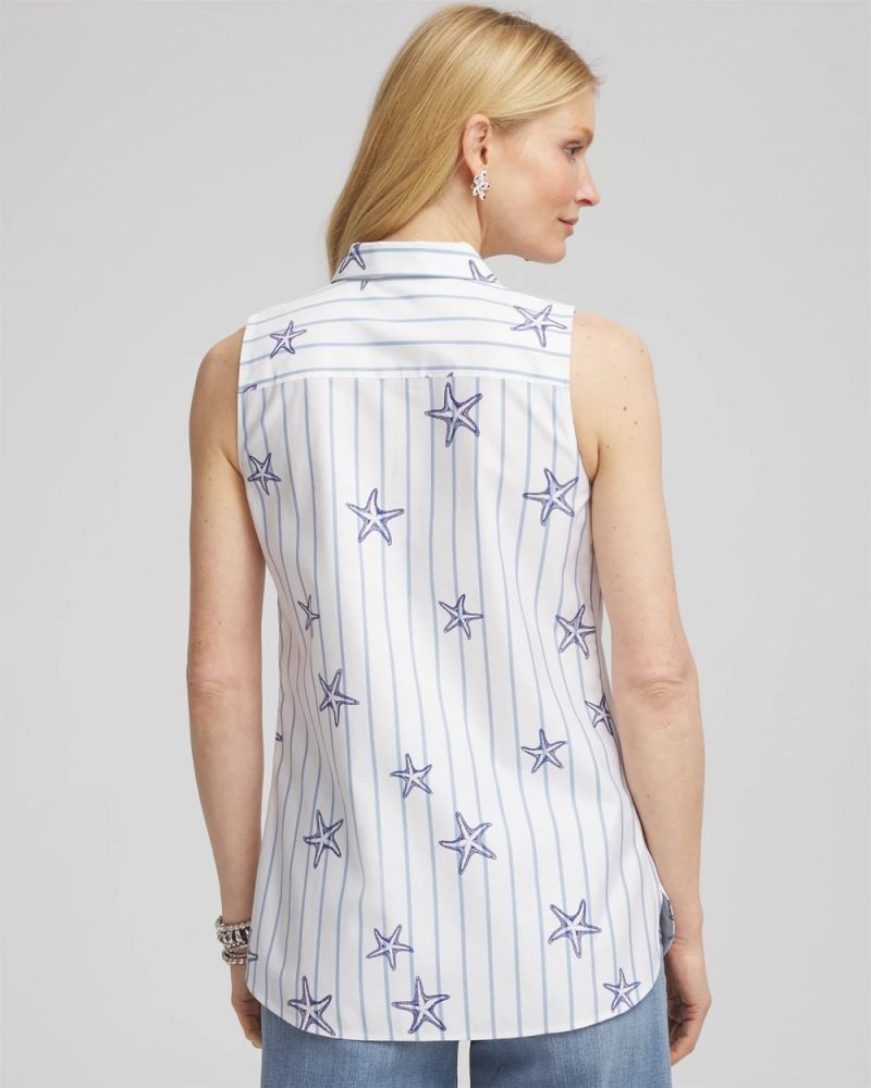 Chicos No Iron Starfish Striped Sleeveless Sateen Shirt - OPTIC WHITE