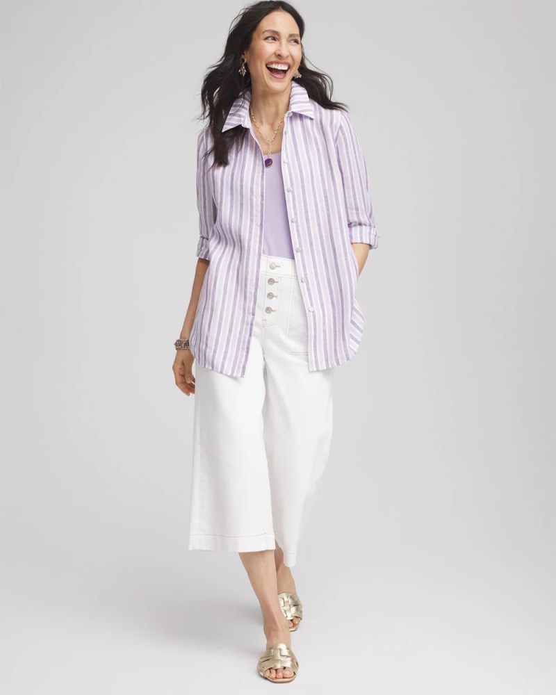 Chicos No Iron Plum Striped Linen Shirt - PLUM SHADE