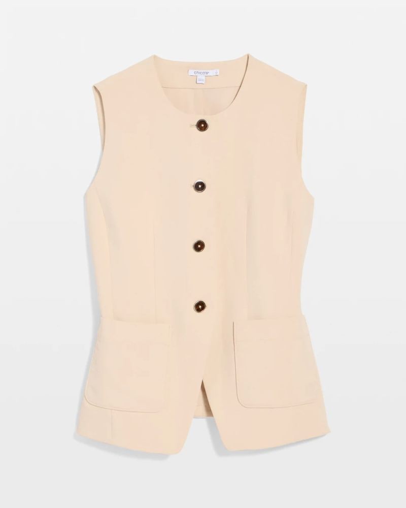 Chicos Split Hem Crepe Vest - PALE SAND