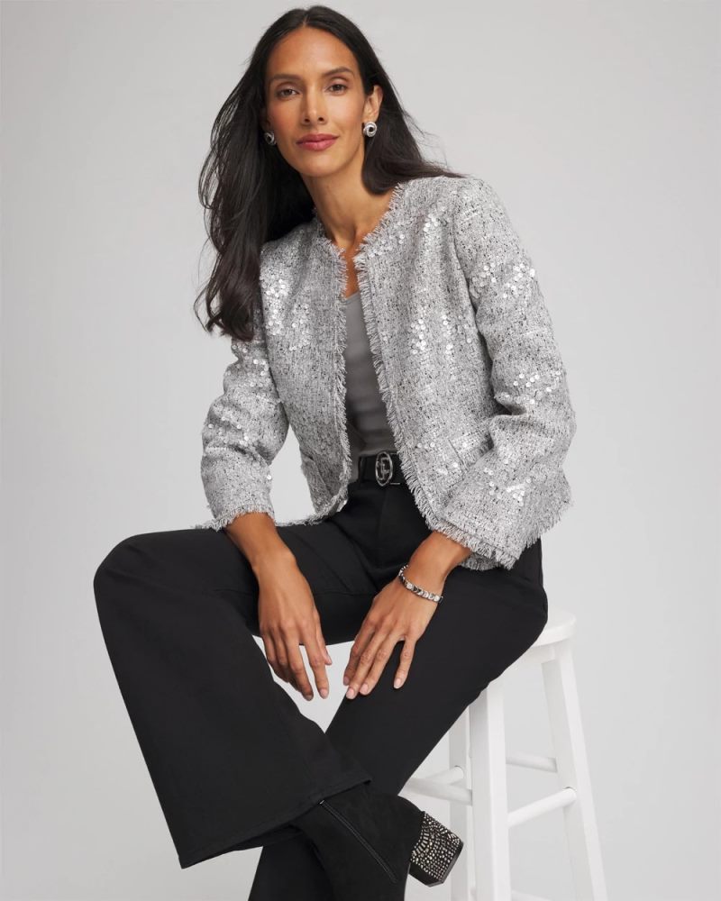 Chicos Silver Sequins Tweed Jacket - SILVER