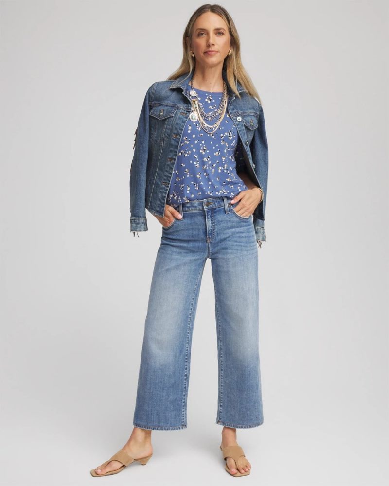 Chicos Printed Elbow Sleeve Tee - BLUE LOTUS