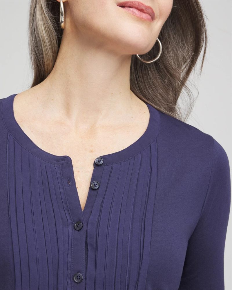 Chicos Pleated Placket Henley Tee - PASSPORT BLUE
