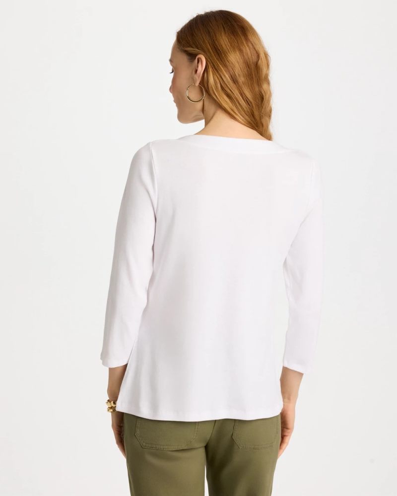Chicos Embroidered Pima 3/4 Sleeve Tee - ALABASTER